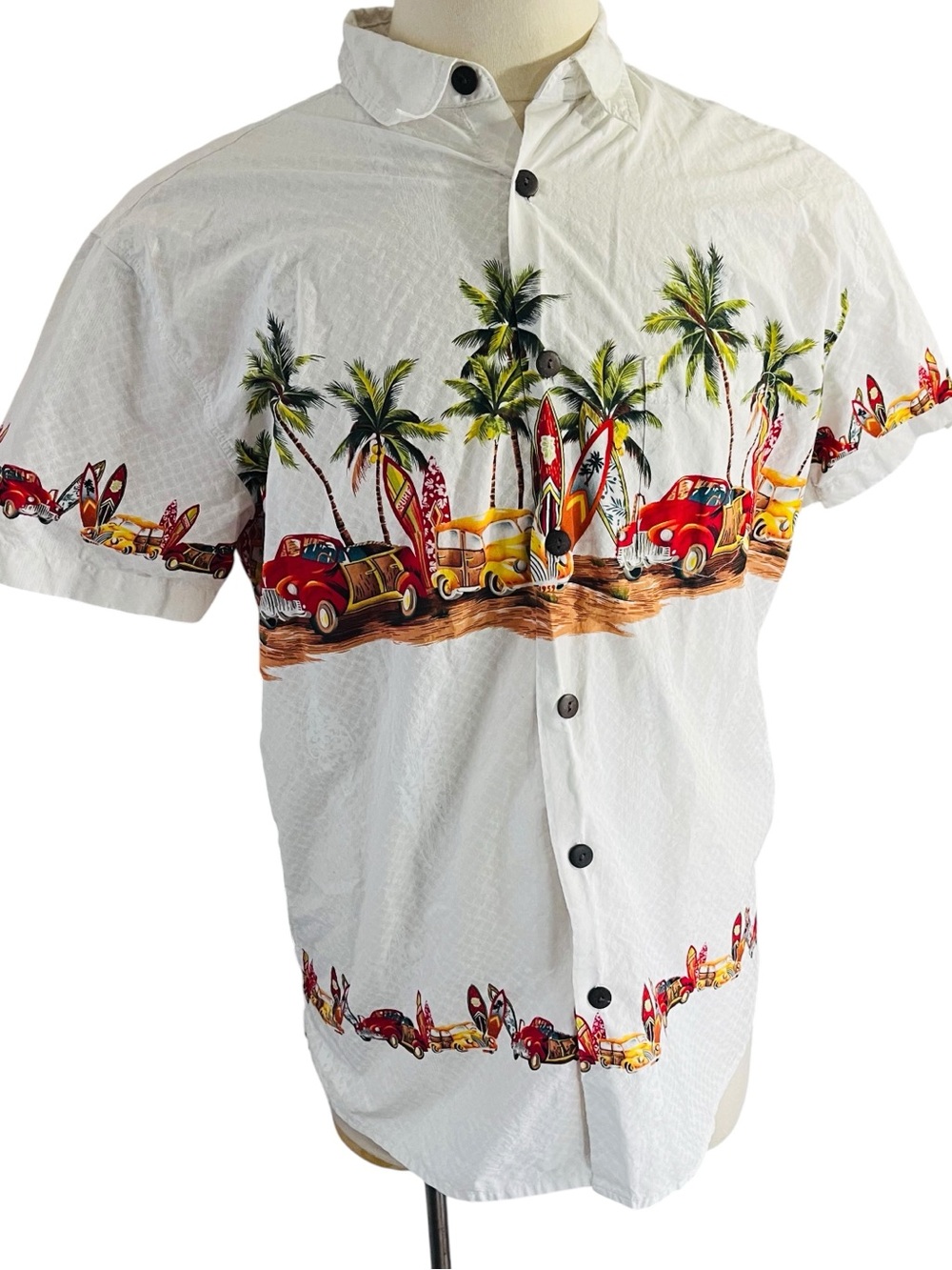High Surf Hawaiian Camp Shirt Mens Sz XL White Beach Border Print Woody Cars